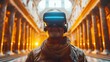 Man using the virtual reality headset with an intact ancient rome temple