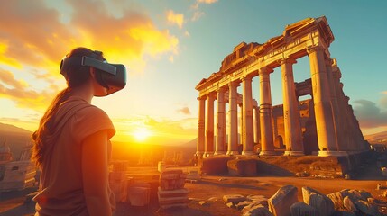 Wall Mural - Man using the virtual reality headset with an intact ancient rome temple