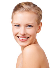 Poster - Happy woman, portrait and skincare with makeup for beauty, cosmetics or facial treatment on a white studio background. Young female person or model with smile in satisfaction for salon, spa or face