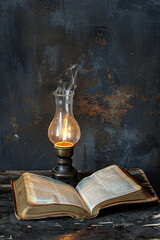 Wall Mural - Oil lamp and open Bible shot at a single flame light