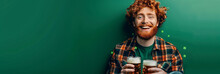 St. Patrick's Day banner with a red-haired man with two jugs of creveza with space for text.Concept advertisement, web social networks.