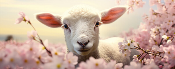 Wall Mural - Spring Lambs portrait. Sheep on green farm with flowers background.