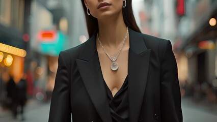 Poster - A sleek black blazer paired with widelegged trousers and a statement silver necklace creating a modern androgynous look. Background The busy streets of a bustling city with