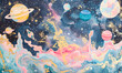 tempura gouache art print on paper, cosmic planets and galaxy of stars, Generative AI