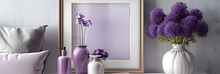 Mockup Poster Frame Close Up In Coastal Style Interior With Purple Flower Vase,