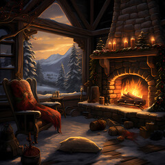 Sticker - A cozy winter scene with a roaring fireplace