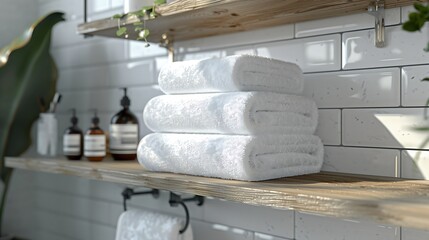 Wall Mural - White towels stacked on top of each other on a shelf