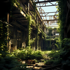 Sticker - Abandoned factory with overgrown vegetation.