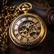 Antique pocket watch against a leather background. 