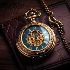 Poster - Antique pocket watch against a leather background. 