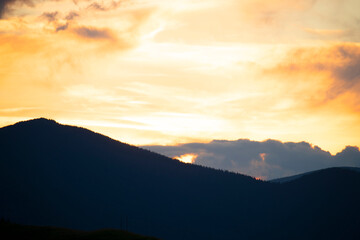 Wall Mural - Sunset in the mountains. Silhouettes of fir trees on a mountainside in the sunset light. dark evening photo