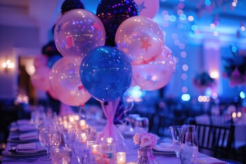 Wall Mural - Festive Balloons over Party Table. Elegant party table setting with star-filled balloons hovering above, creating a celebratory atmosphere.