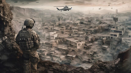  the soldier is standing behind some rocks and a helicopter is flying over