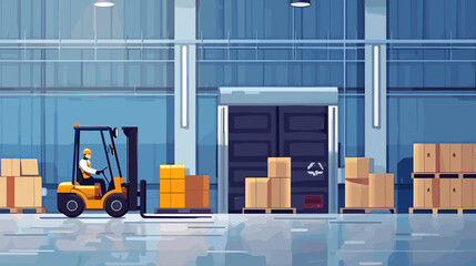 Stylized illustration of the interior of a warehouse and operated by a worker wearing a hard hat, which suggests a focus on safety within the work environment