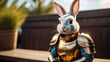 Medieval knight bunny in armor on the roof. Fairy tale history story about rabbit warrior in Cinematic Lighting