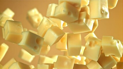 Canvas Print - Super slow motion pieces of cheese fly up and fall down. Filmed on a high-speed camera at 1000 fps. High quality FullHD footage