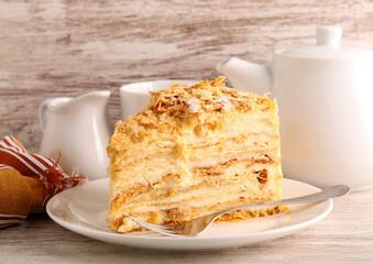 Wall Mural - Slice of mille-feuille cake also called Napoleon cake or vanilla custard slice.