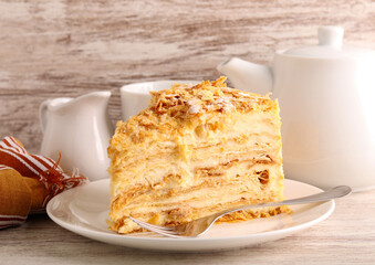 Canvas Print - Slice of mille-feuille cake also called Napoleon cake or vanilla custard slice.