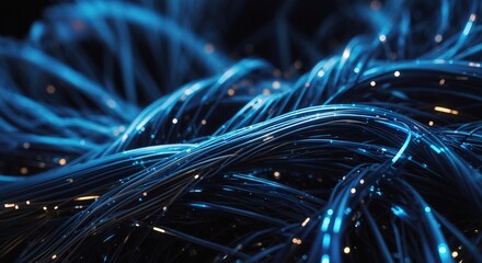 Glowing blue strands of fiber optic cables