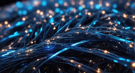 Glowing blue strands of fiber optic cables