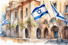 Hebrew Flag Illustration Watercolor Background For Design.