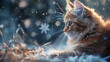 Endearing cat-shaped snowflake gently falling in a magical winter scene.
