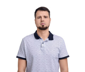 Portrait of sad man on white background