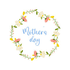 Wall Mural - mothers day, text with floral frame on white background, for card design, congratulations