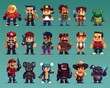 Indie Game Developers - Stylized pixel art characters from various indie games, representing the indie gaming community. 
