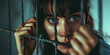 Intense Gaze Behind Bars. Close-up portrait of young woman prisoner gripping steel lattice, haunting stare.