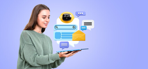 Poster - Woman with tablet, mock up chat bot speech bubble and communication