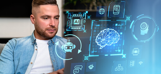 Poster - Young man portrait using laptop, AI brain hologram with diverse icons