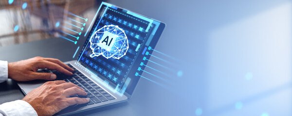 Poster - Man hands typing on laptop keyboard, digital AI brain hologram on screen