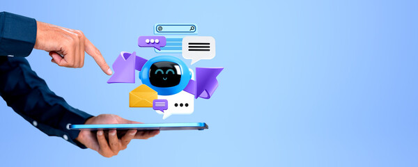 Poster - Man hands with tablet and AI chat bot