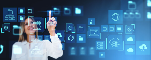 Poster - Woman finger touch big data exchange, documents traffic and service