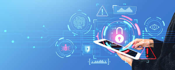 Poster - Woman finger touch tablet, cybersecurity dashboard with big business data