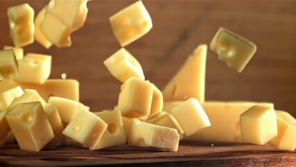 Canvas Print - Super slow motion pieces of cheese fall onto a cutting board. Filmed on a high-speed camera at 1000 fps. High quality FullHD footage