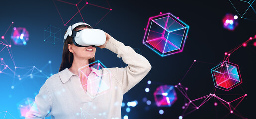 Poster - Businesswoman in vr headset, blocks in cyberspace. Metaverse and virtual reality
