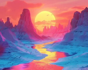 Sunset on an Alien Planet with Glowing River A vivid sunset casting a warm glow over a river winding through a rugged alien landscape with towering spires.