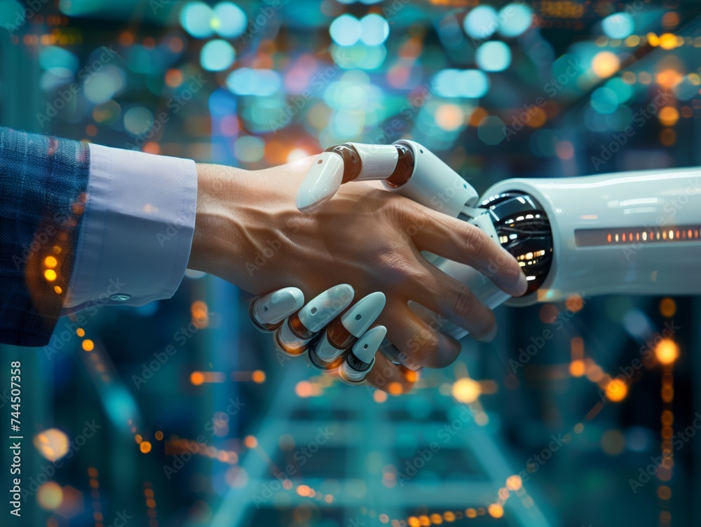 Technology Rulling Human Handshaking between humans and robots in an era where AI technology ...