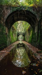 Wall Mural - A Flooded and Abandoned Tunnel Covered with Foliage