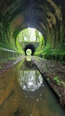 Wall Mural - A Flooded and Abandoned Tunnel Covered with Foliage