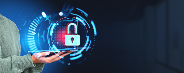 Poster - Woman hands with tablet, glowing padlock hud and online data protection