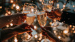 Friends toasting with sparkling champagne, basked in warm festive lights.