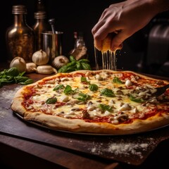 Wall Mural - Cooking a mouth-watering pizza in a large oven, delicious homemade pizza baking process