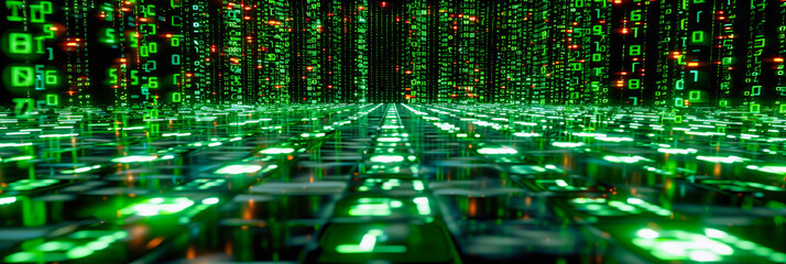 Poster - A binary world of green and black, where digital coding and network streams visualize the complex language of technology and data
