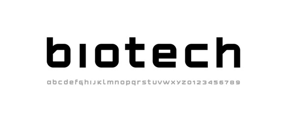 Technical future font, digital cyber alphabet, trendy lowercase letters A, B, C, D, E, F, G, H, I, J, K, L, M, N, O, P, Q, R, S, T, U, V, W, X, Y, Z and numerals 0, 1, 2, 3, 4, 5, 6, 7, 8, 9