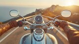 Fototapeta  - Adventurous motorcyclist riding fast on highway at sunset, pov shot of biker on bike