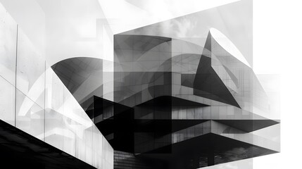 Composition of several photos of visor over building porch facade. Modern architecture fragment with shadows and reflections. Abstract black and white background with geometric pattern.