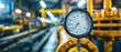 Industrial pressure gauge in focus against a blurred factory background, epitomizing precision and control.